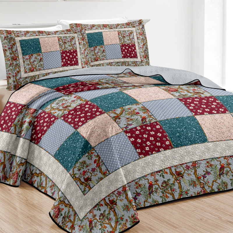 چیدمان روتختی یک نفره پنبه دوزی ورونیکا دو تکه مدل چهل تکه سبز زرشکی | ورونیکا